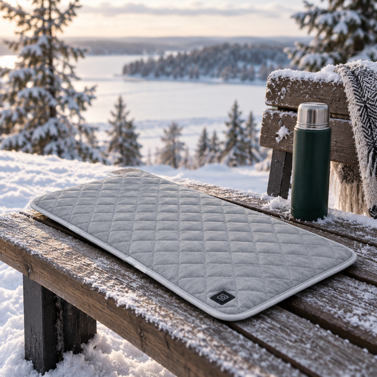 ORVO heated seat pad on a snowy wooden bench next to a flask