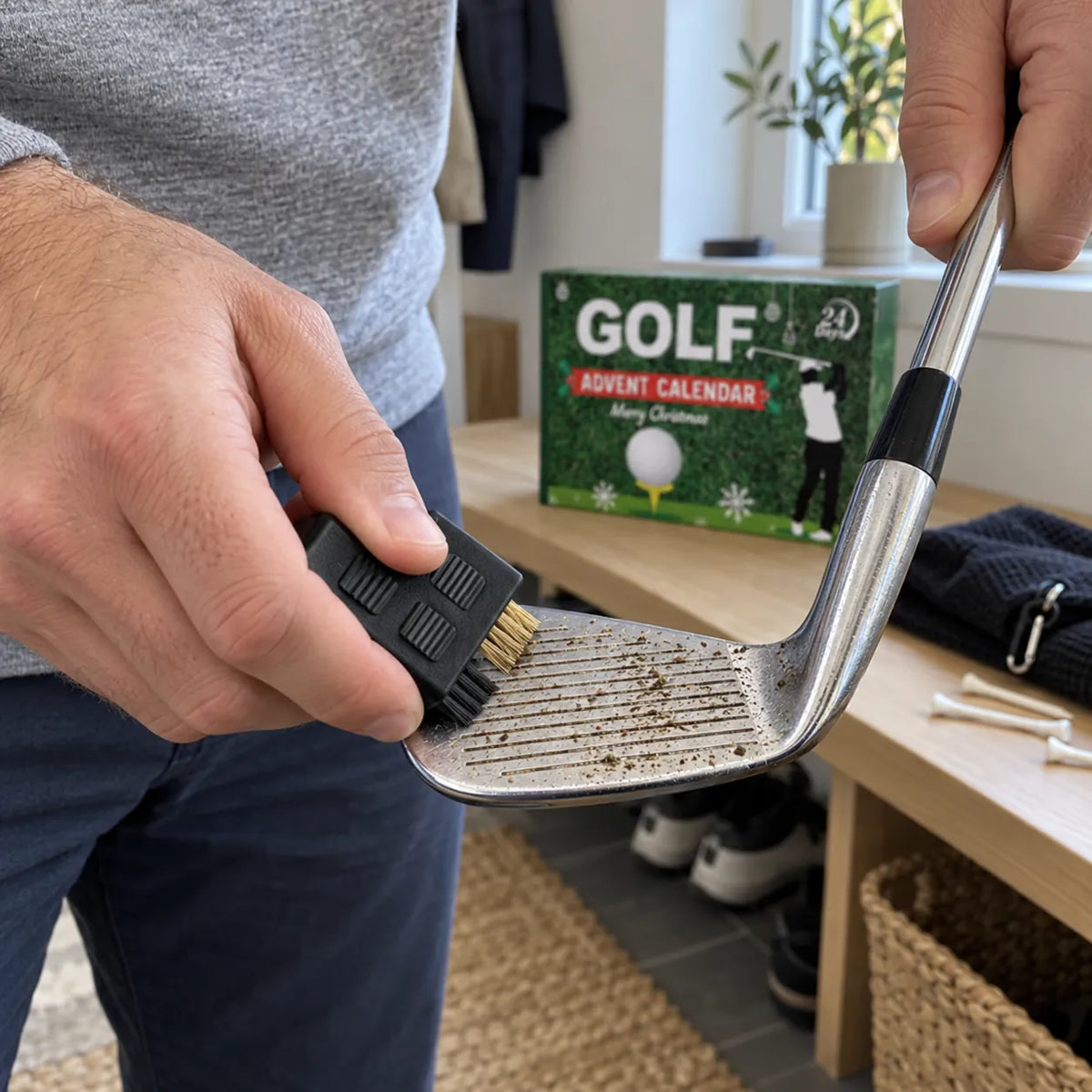Golfare rengör spåren på ett järn med klubbborsten från golfkalendern