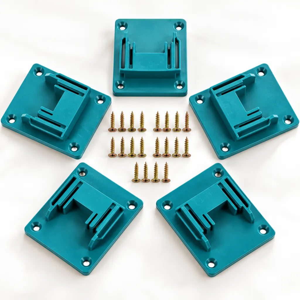 Two cordless tools hanging in turquoise tool holders on a wooden workshop wall