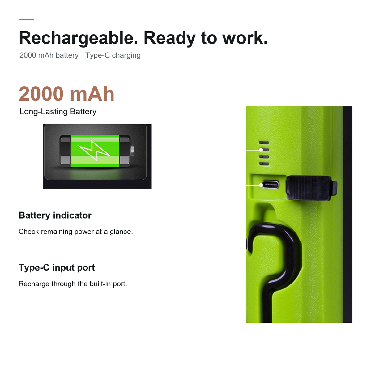 Uppladdningsbart 2000 mAh-batteri med batteriindikator och USB-C-port bakom gummilock