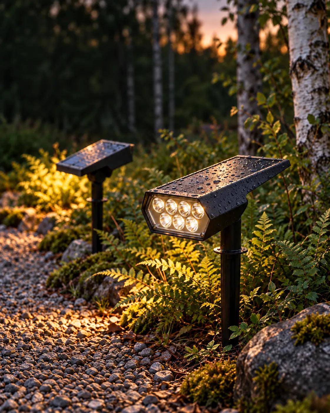Two solar spotlights on ground spikes lighting a gravel path and ferns at dusk