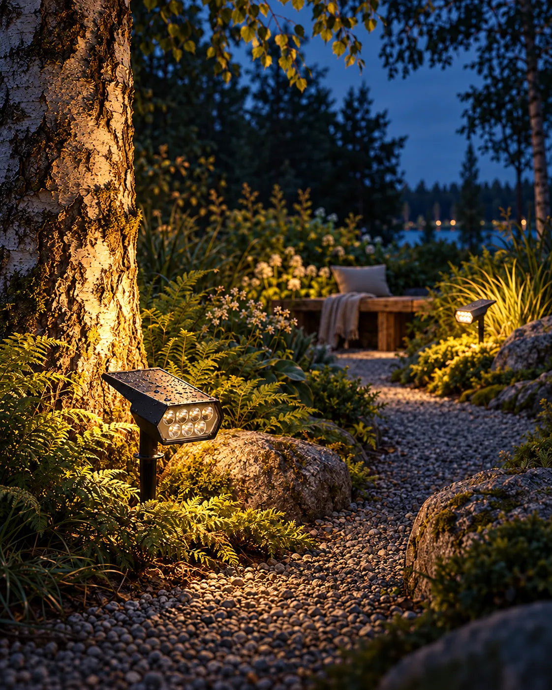 Garden at night with a birch lit by a solar spotlight, a gravel path and a bench with a throw