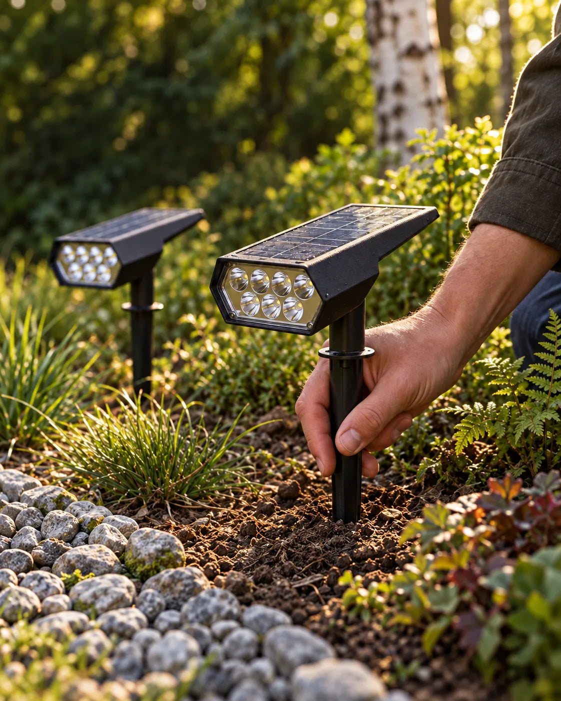 Hand pushing the solar spotlight’s ground spike into the soil of a flower bed