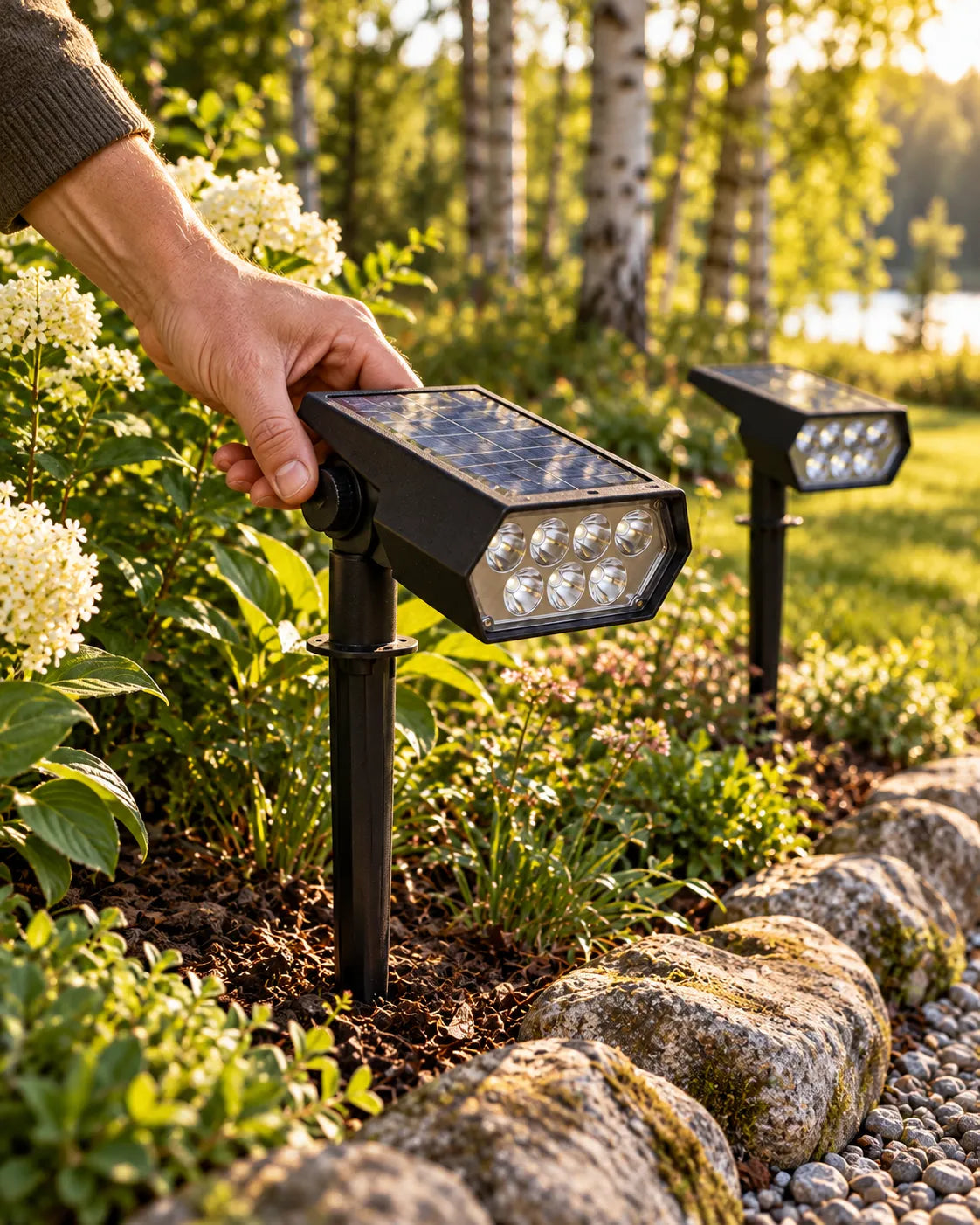Hand tilting the spotlight head with its solar panel towards the border in daylight