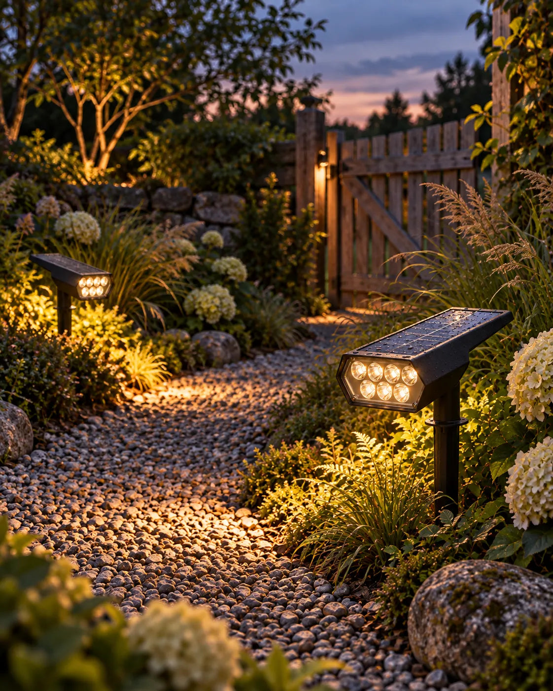 Gravel path to a wooden gate lit by two solar spotlights between hydrangeas