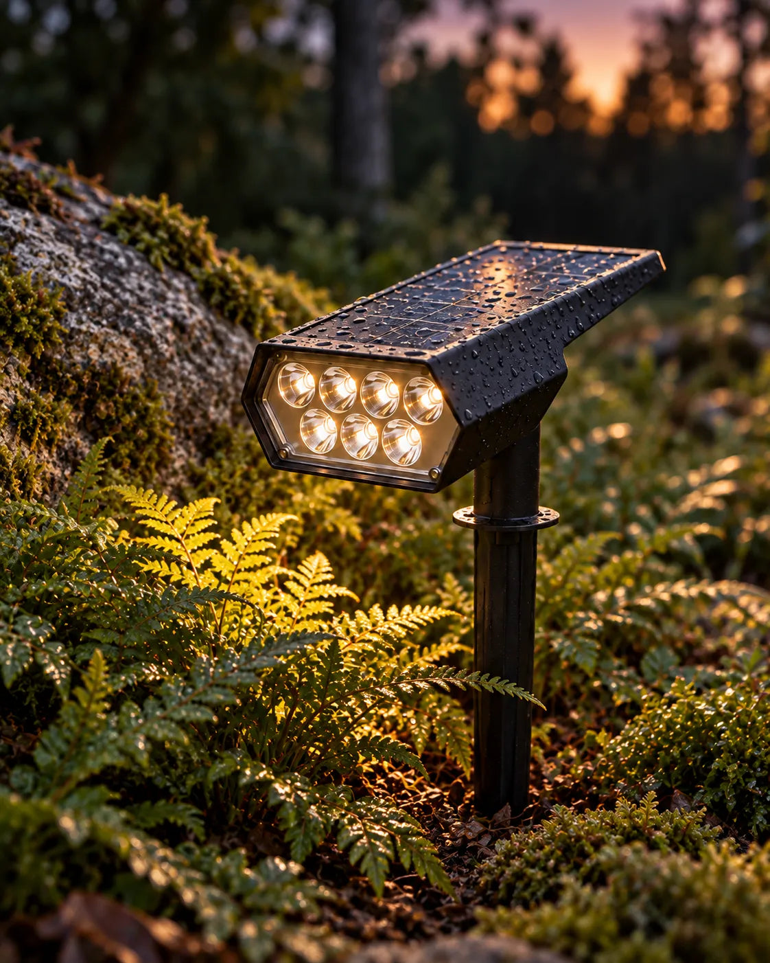 ORVO solar spotlight with seven LEDs glowing at dusk among ferns by a mossy rock