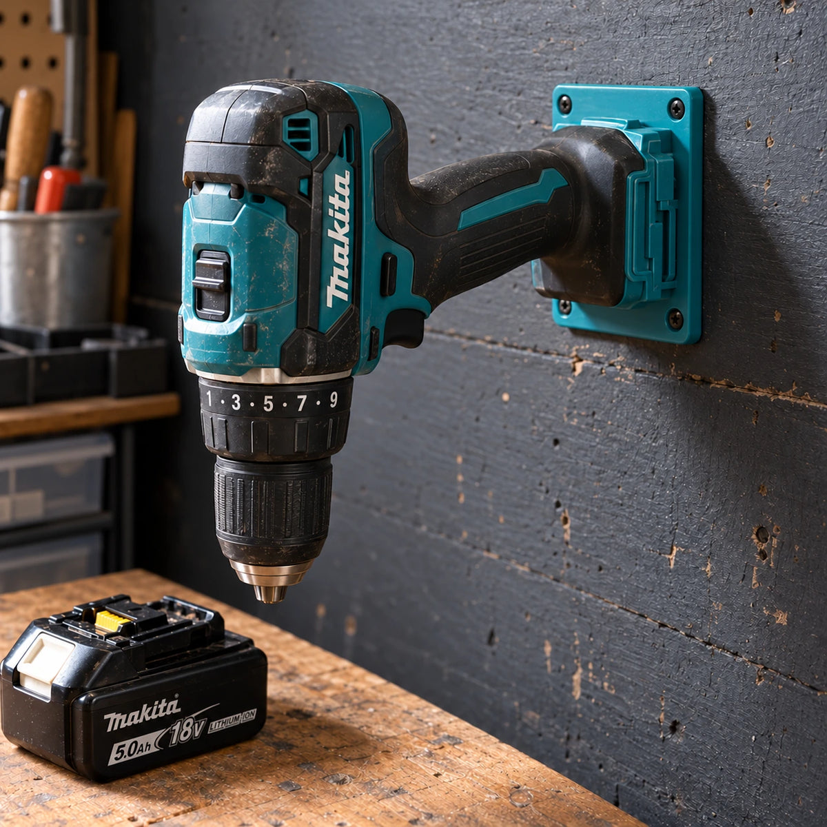 A Makita drill driver hangs in a turquoise holder on a dark wall while its battery sits on the bench