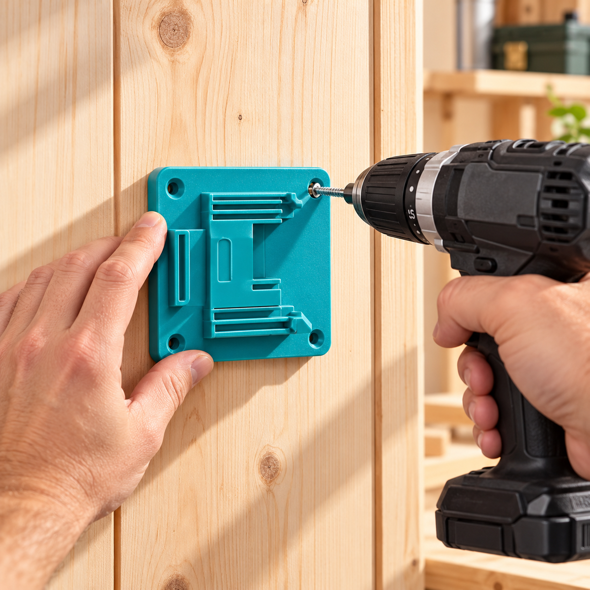 A hand holding a turquoise tool holder against a wooden wall while it is screwed on