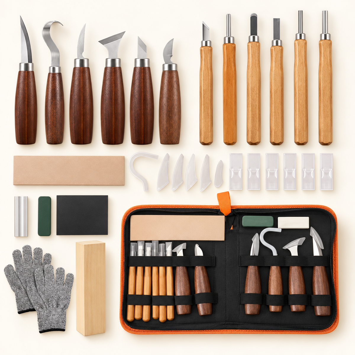 ORVO carving set laid out with knives, carving tools, blade guards, strop, gloves, practice wood and open case
