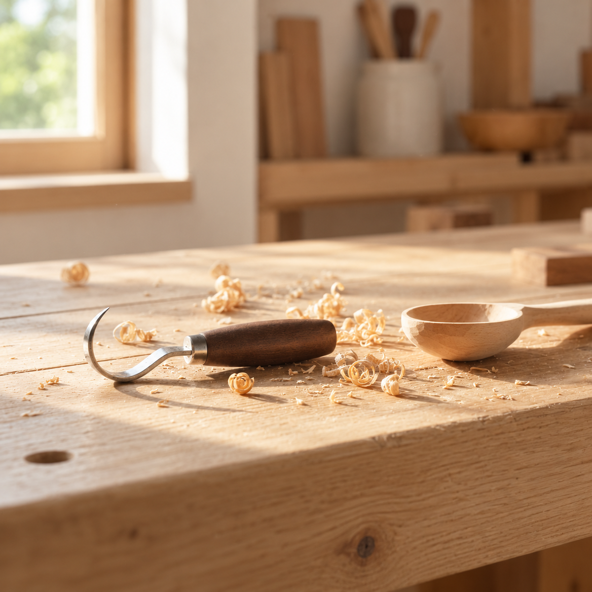 Hook knife next to a carved wooden spoon on a workbench with wood shavings