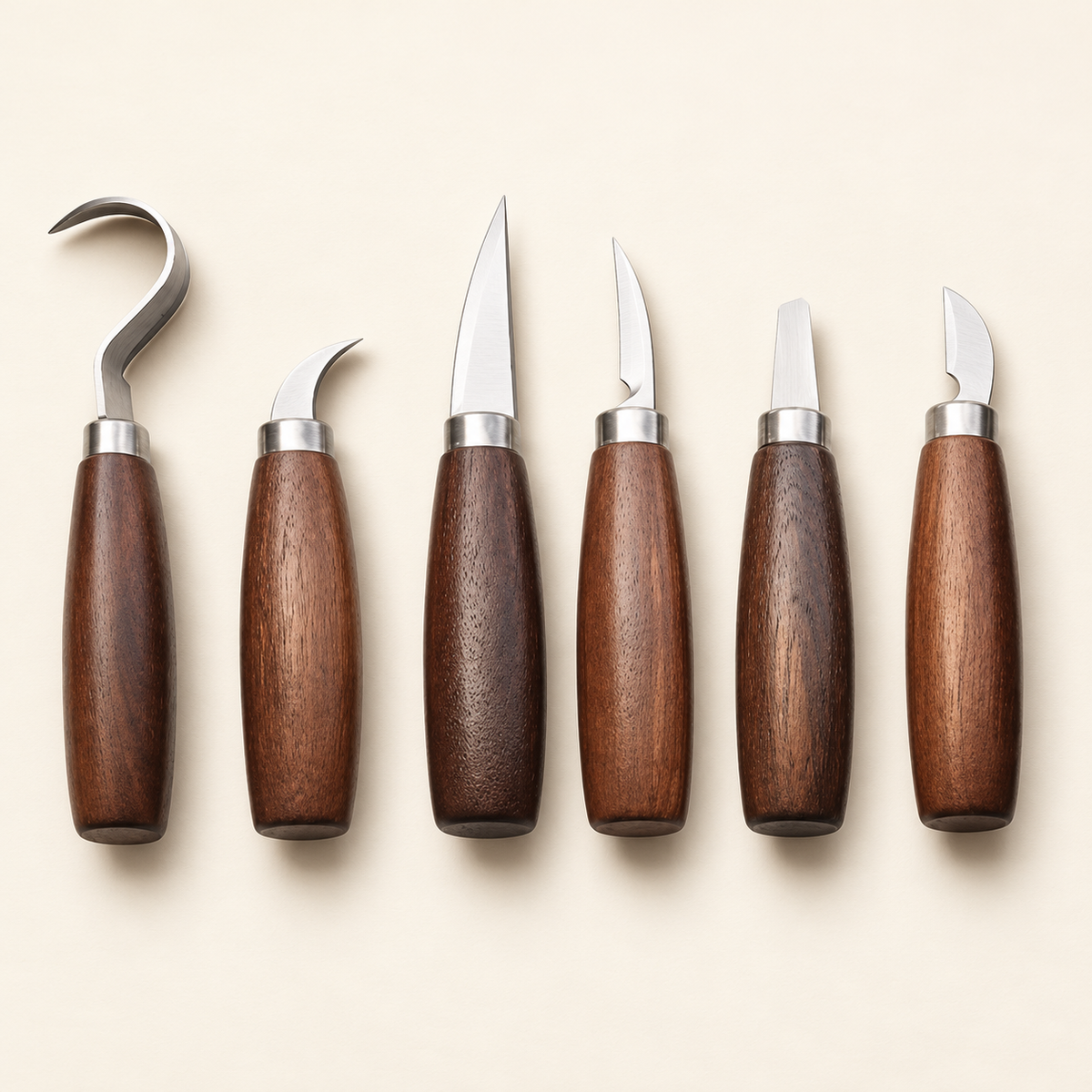 Six carving knives with different blade profiles and wooden handles