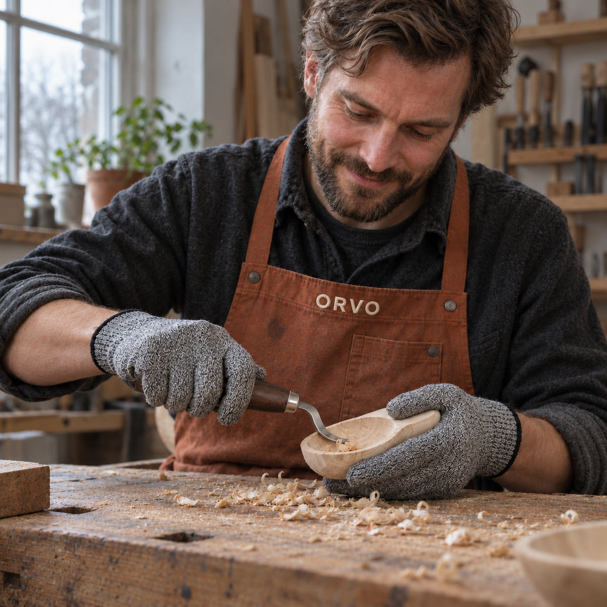 Person in an apron and gloves carving a wooden spoon with a hook knife at a workbench