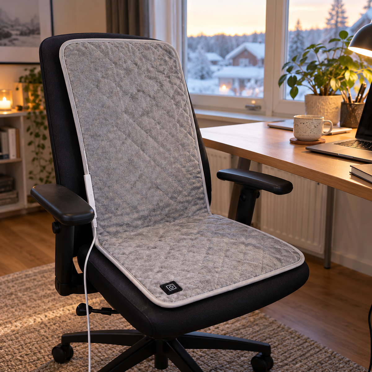 ORVO heated seat pad on an office chair by a window with a snowy winter view