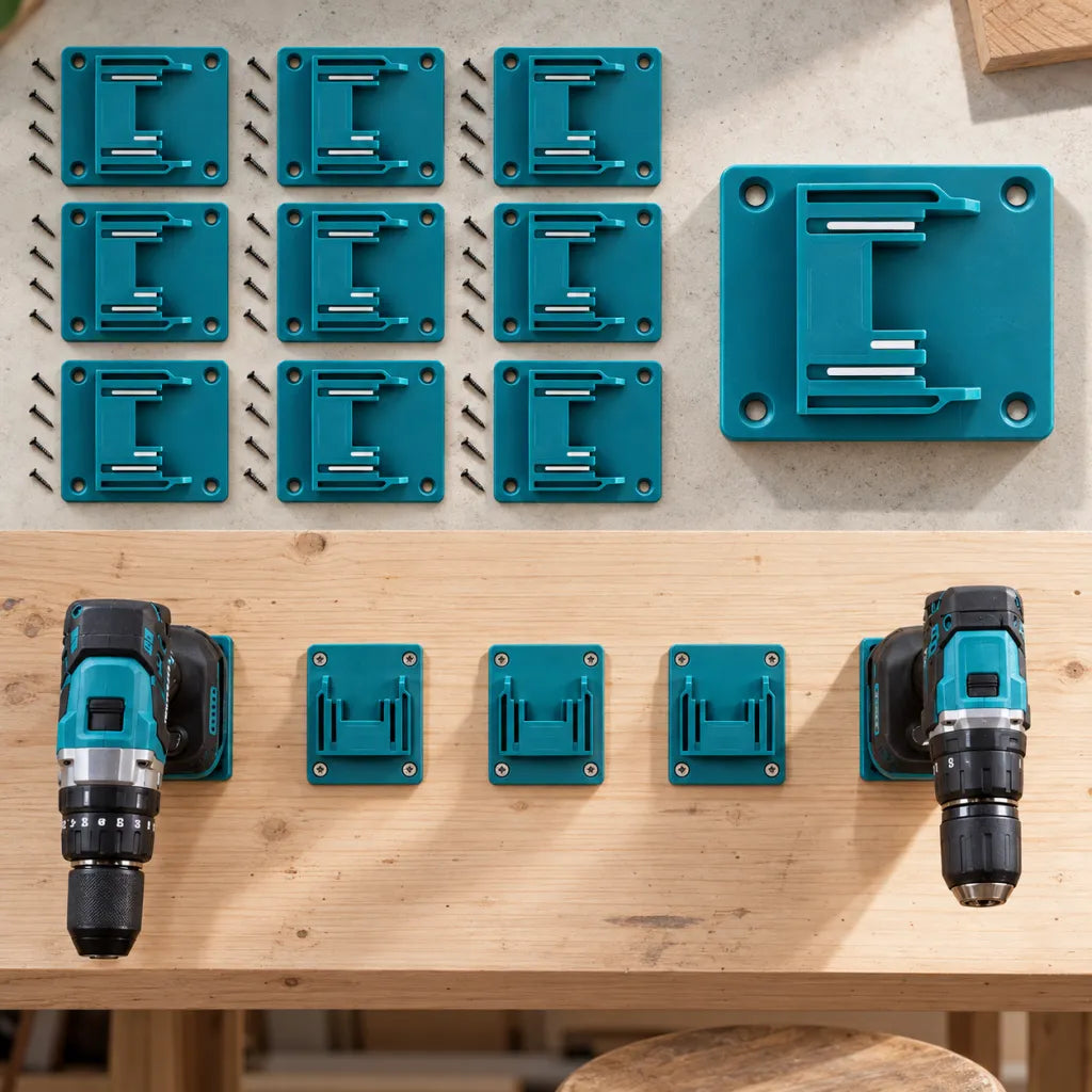 Two Makita drill drivers hang in turquoise holders on a wooden board with three empty holders between them, more holders and screws above