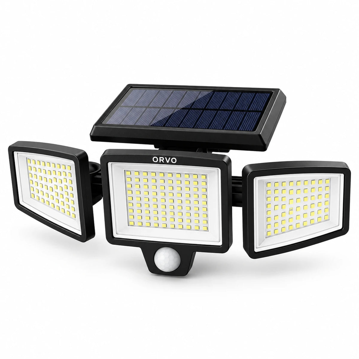 Orvo solar light mounted on pale timber cladding with the solar panel above the three heads